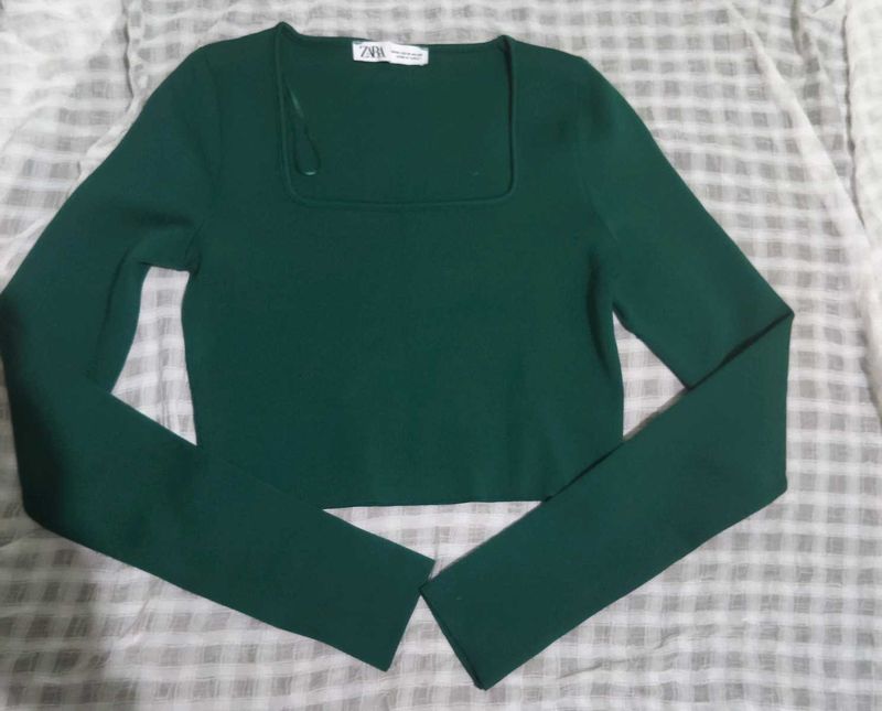 ZARA Green Square Neck Long Sleeve Top
