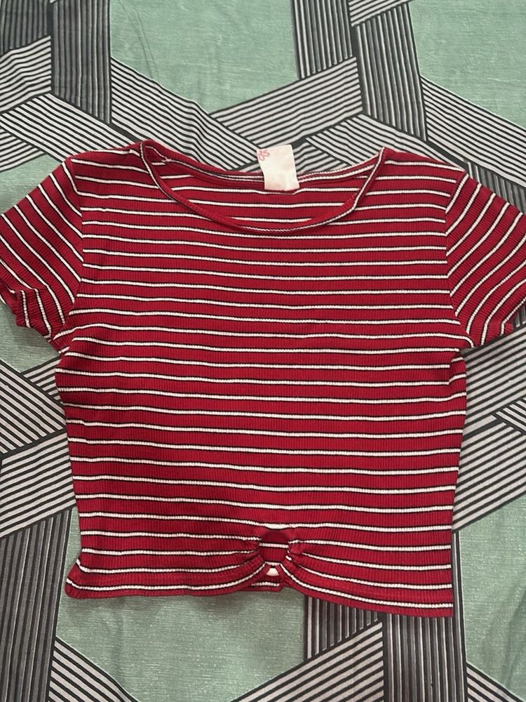 Red &amp; White Striped Twist Front Top