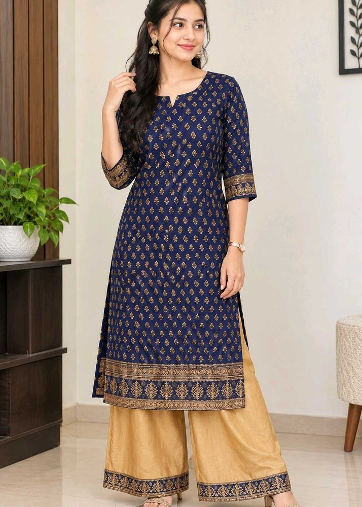 Elegant Navy Blue Kurta Set with Golden Print