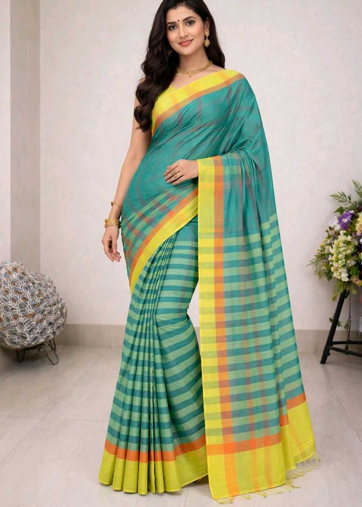 Elegant Teal &amp; Yellow Checked Saree of 1