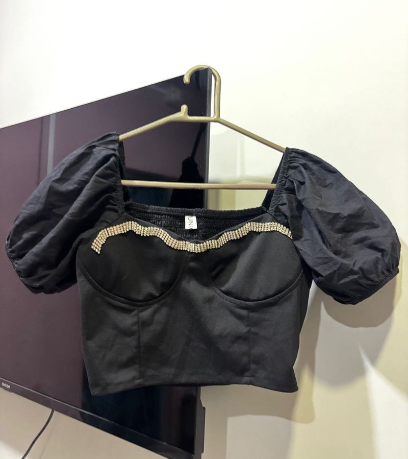 Black Puff Sleeve Crop Top with Rhinestones