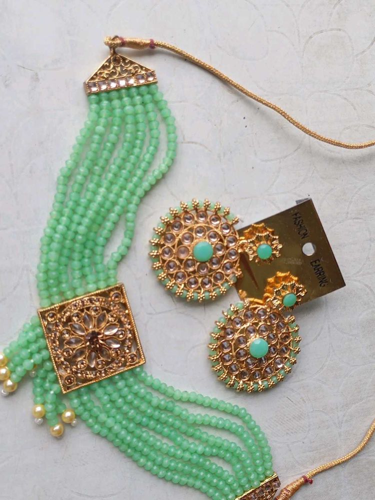 Green Beaded Choker Necklace Set