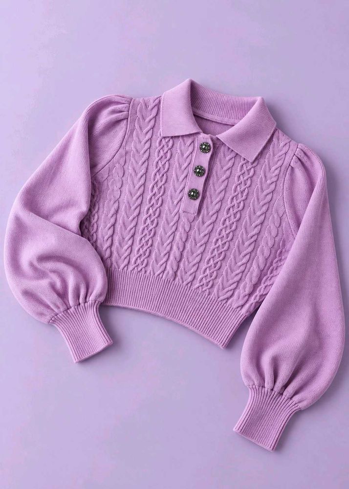 LILAC CABLE KNIT COLLARED SWEATER WITH PUFF SLEEVE