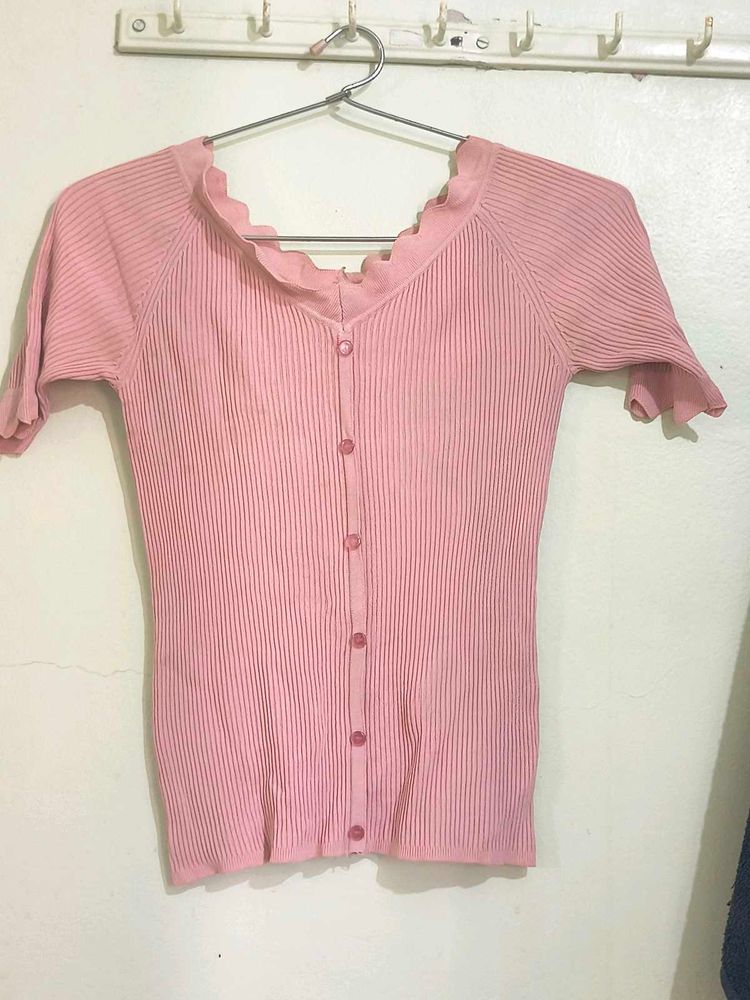 Pink Ribbed Button-Up Top