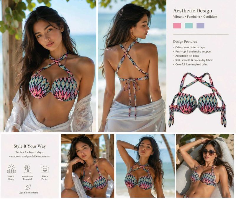 Vibrant Ikat Print Halter Bikini Top