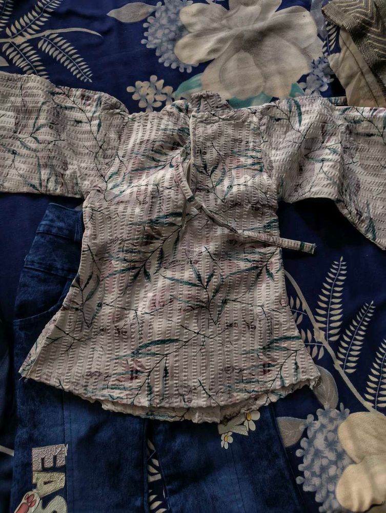Stylish white top and jeans pant for baby girls