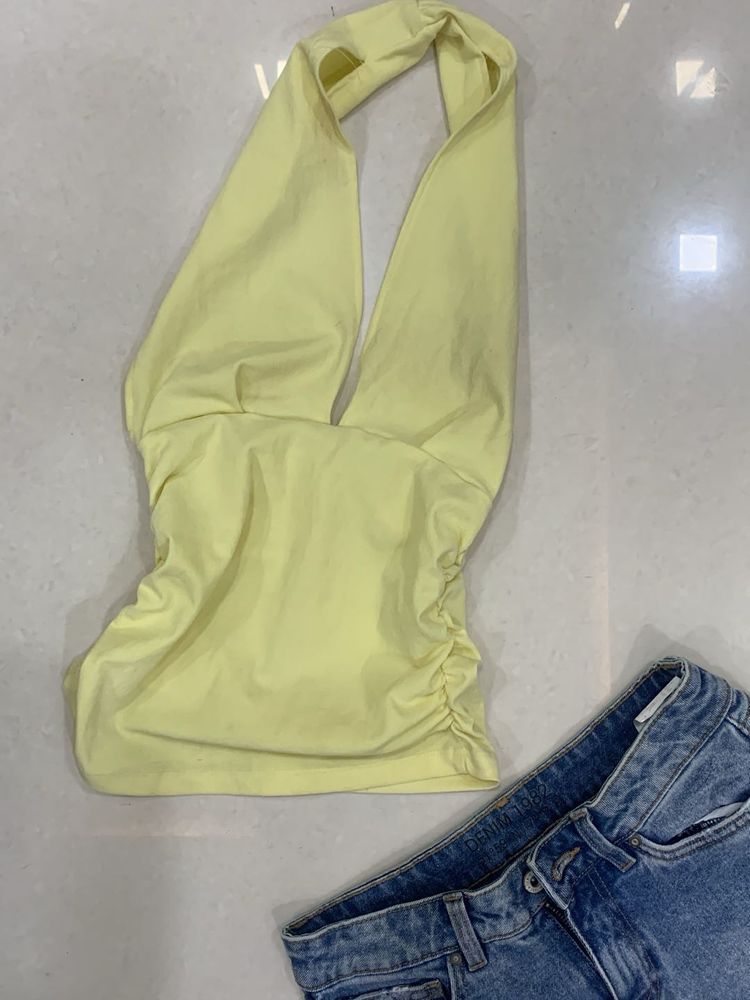 ZARA Yellow Halter Neck Ruched Top