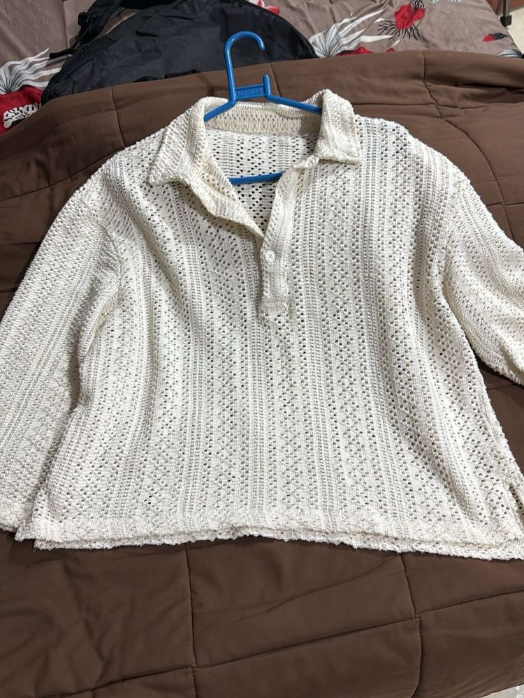 Cream Crochet Collared Pullover