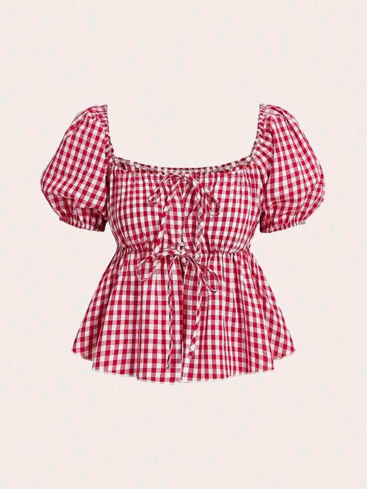Chic Red Gingham Peplum Top