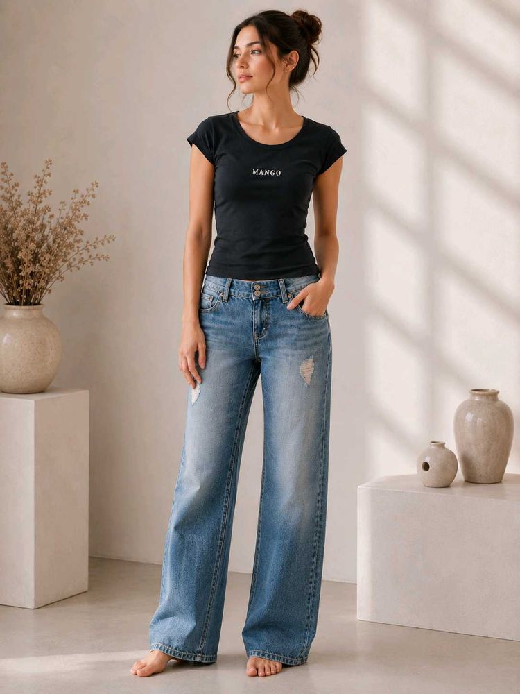 💎 MANGO Black Minimalist Logo T-Shirt - Women