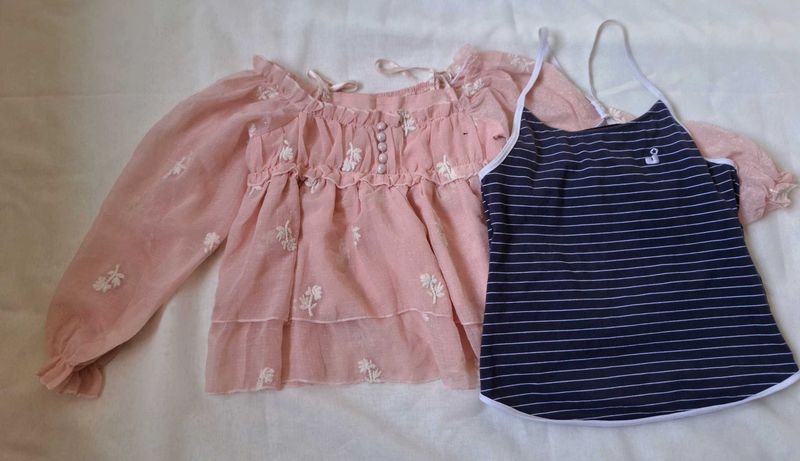 Korean Style Pastel Pink Floral  top+FREE Striped