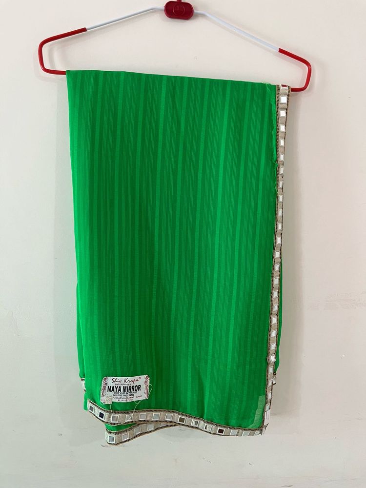 Vibrant Green Striped Saree with Mirror Work