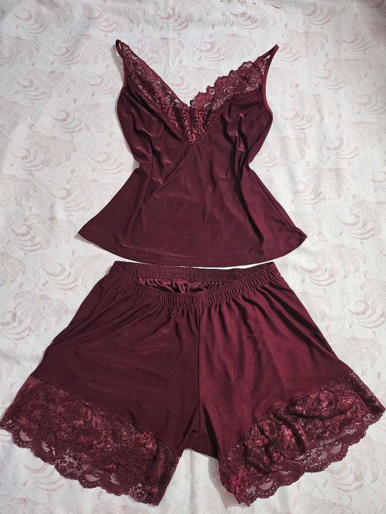 Lace Trimmed Pajama Set and night dress combo