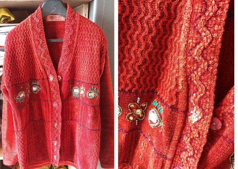 Red Embellished Knit Cardigan