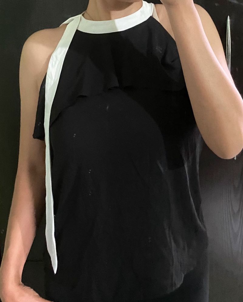 Chic Black Halter Neck Top with White Trim