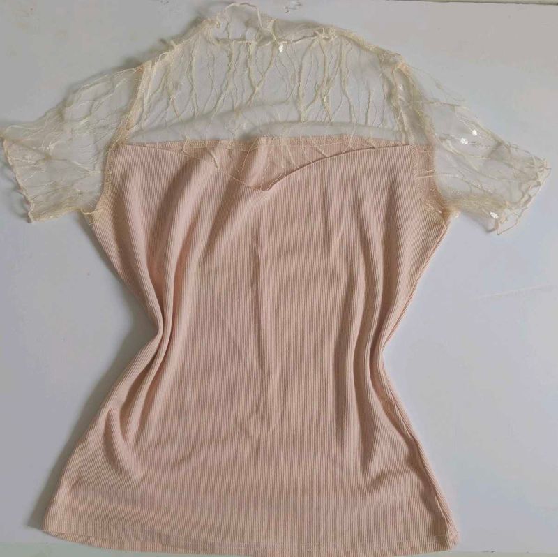 Sheer Sleeve Knit Top + Plain White Tshirt Combo