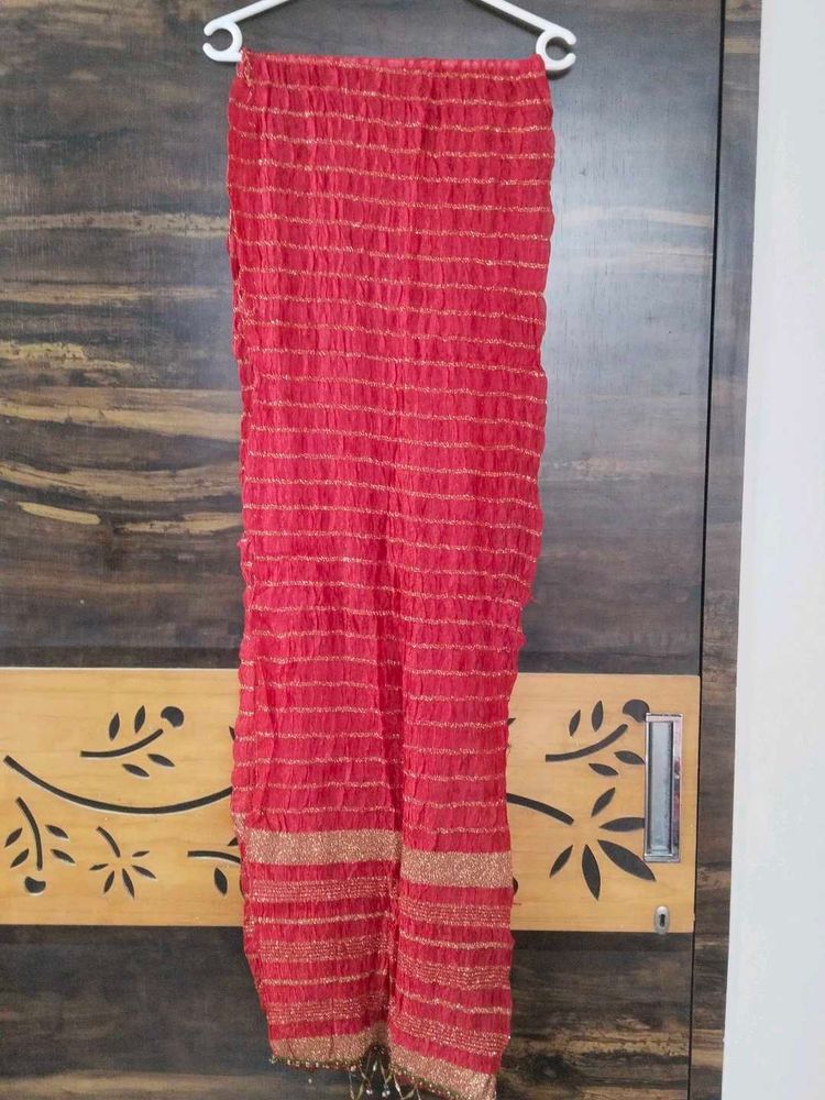 Vibrant Red Dupatta with Golden Stripes