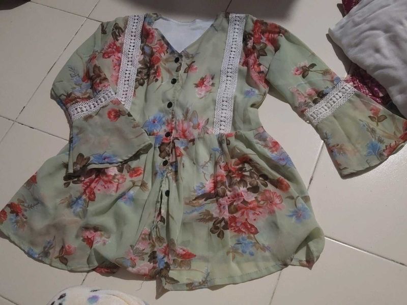 Floral Print Kurta with Bell Sleeves