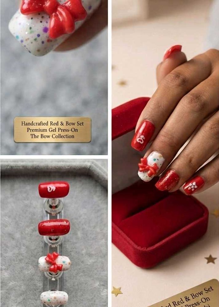Handcrafted Red &amp; Bow Premium Gel Press-On Nails