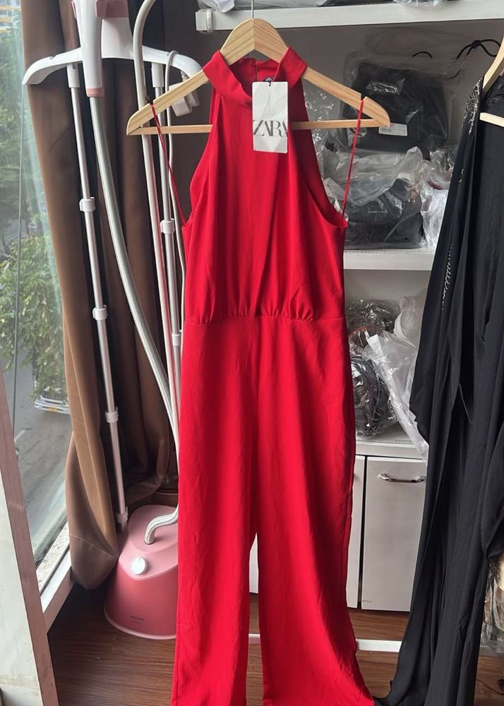 NEW ZARA Elegant Red Halter Neck Maxi Dress