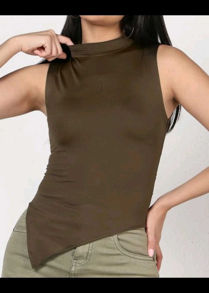 Ruched Sleeveless Mock Neck Asymmetrical Top