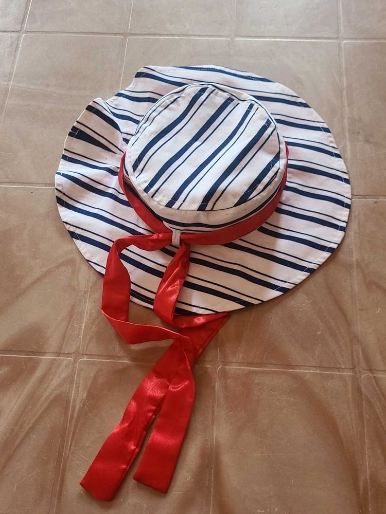 Striped Wide Brim Hat with Red Ribbon