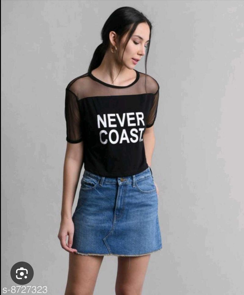 Sheer Neck Black Graphic T-Shirt