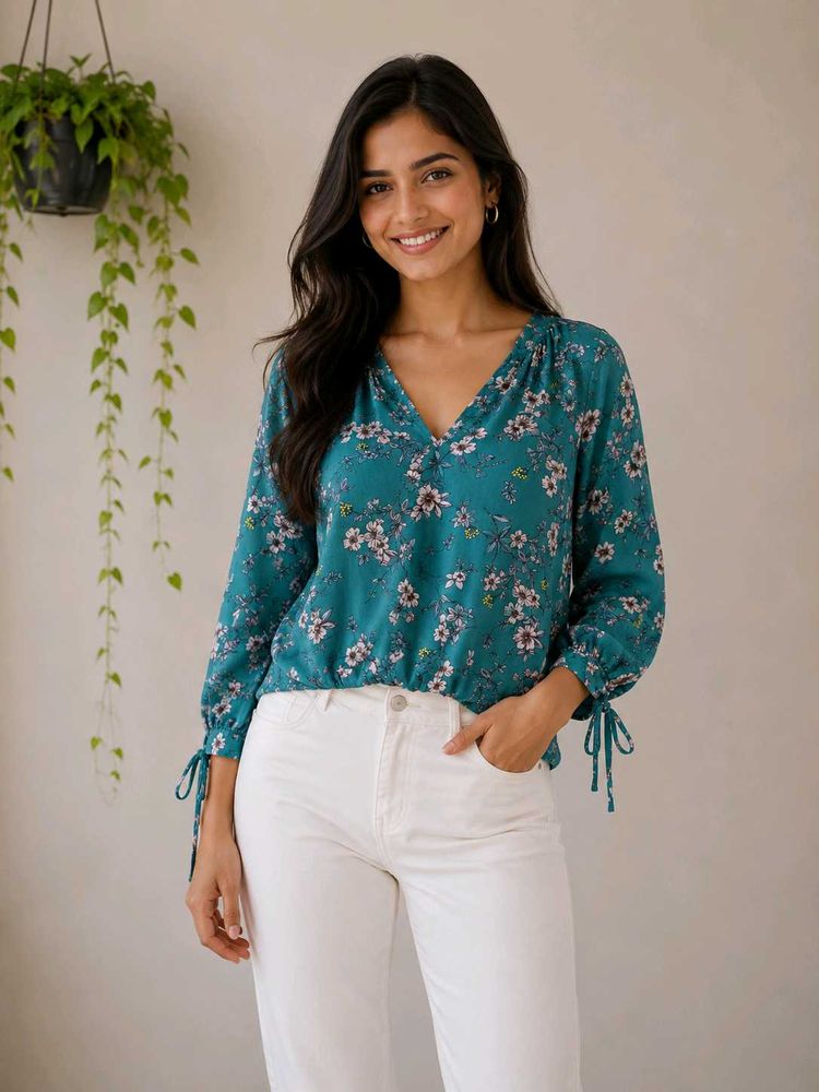 Teal Floral Print V-Neck Blouse