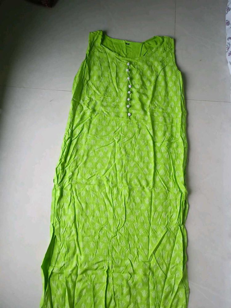Lime Green Printed Sleeveless Kurta
