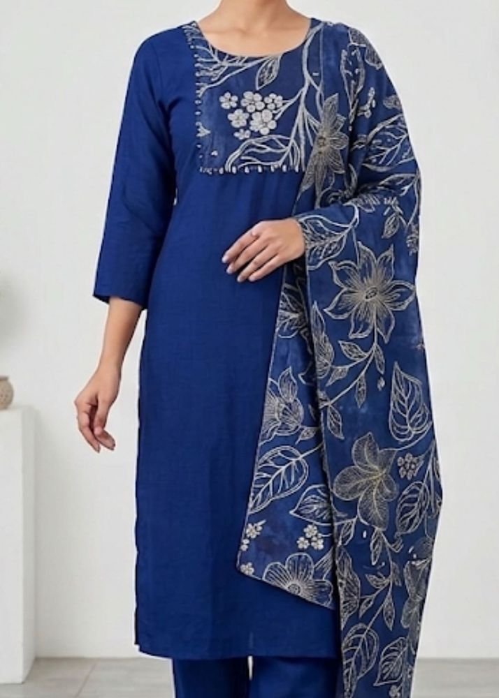 Royal Blue Printed Cotton Kurta Set with Matching