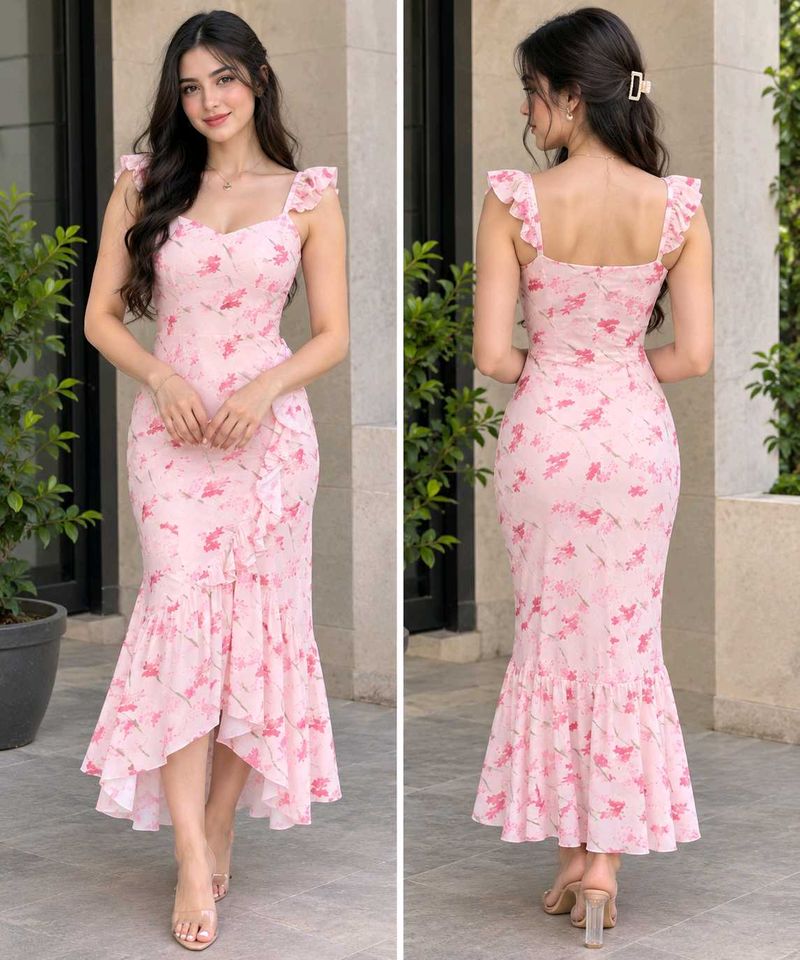 New Pink Floral Ruffle Maxi Dress