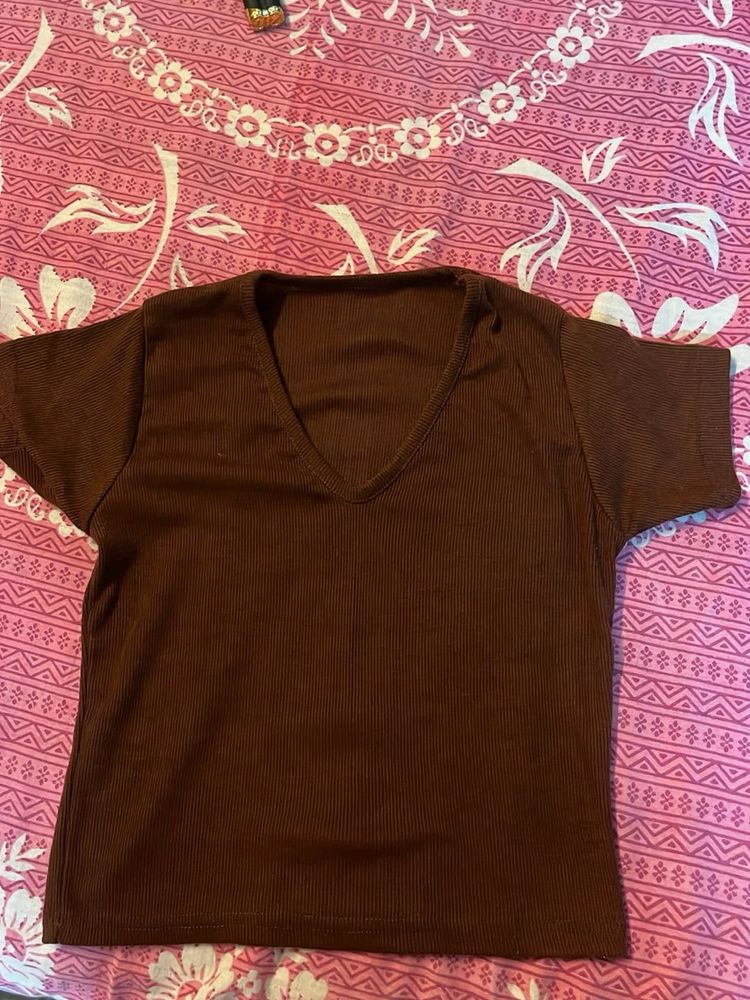 Brown V-Neck Ribbed Crop Top