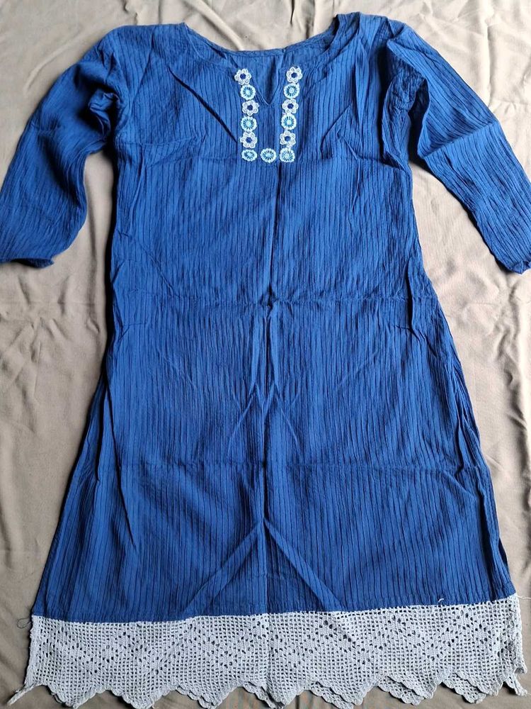 Blue Kurta with Crochet Lace Trim