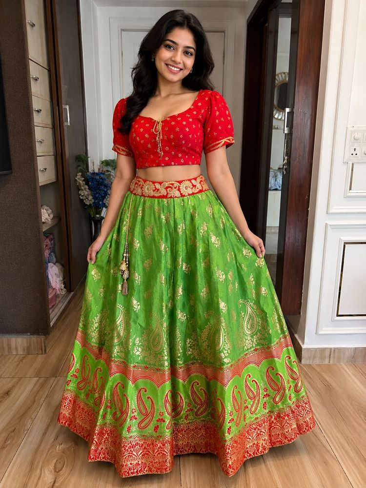 Vibrant Red &amp; Green Lehenga Choli Set