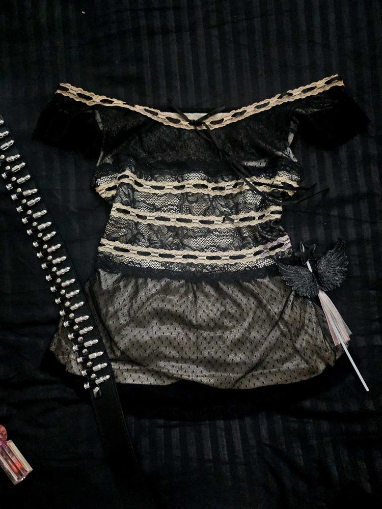 VINTAGE BABYDOLL Sheer Black Lace Top