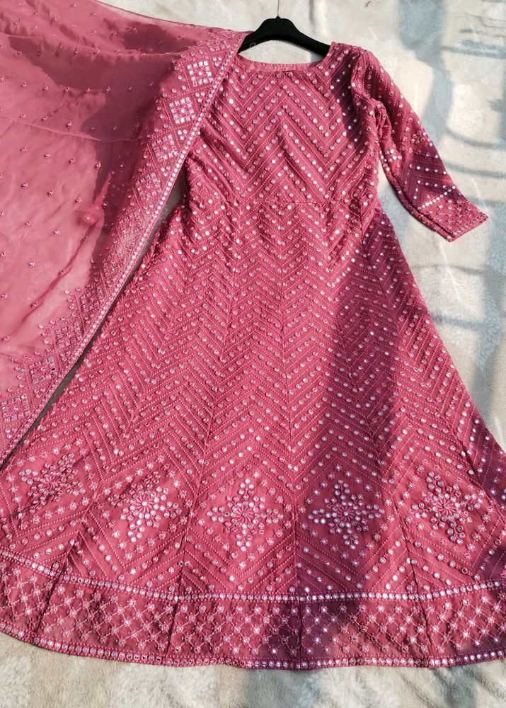 Mirror Work Embroidery A Line Gown With Dupatta