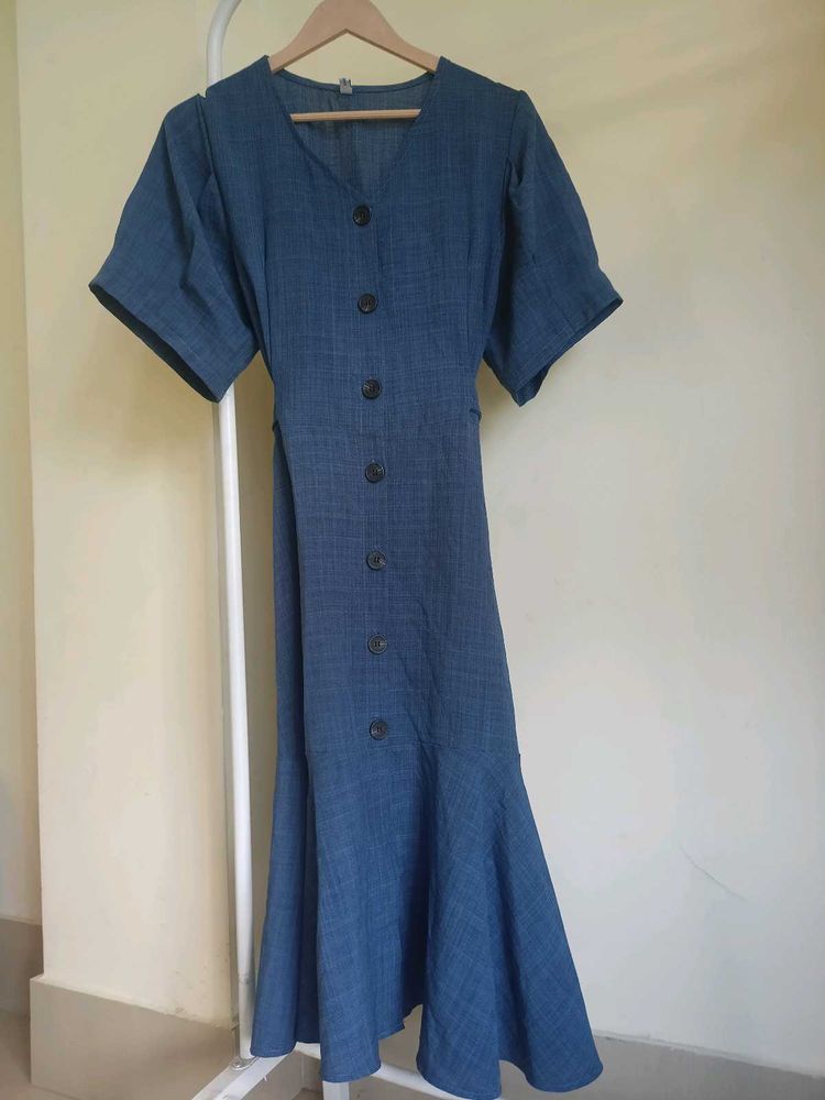 Blue Button-Down Midi Dress
