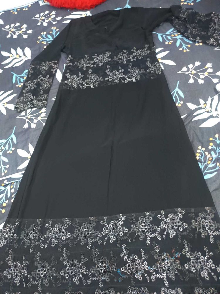 Elegant Black Abaya with Silver Embroidery