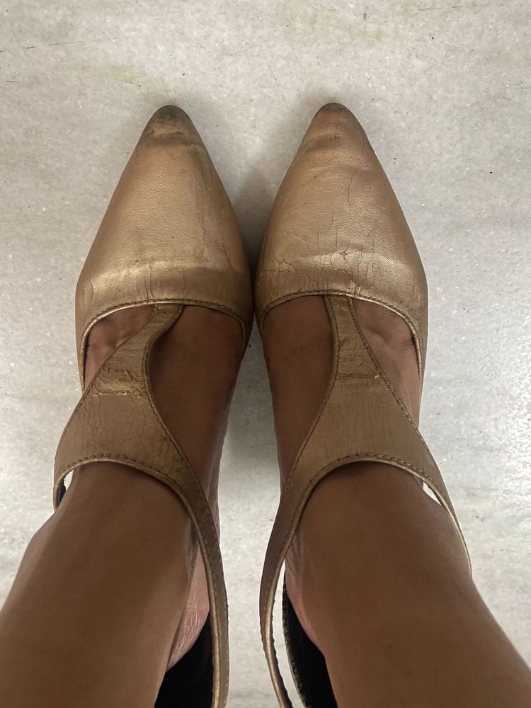 Gold T-Strap Heels