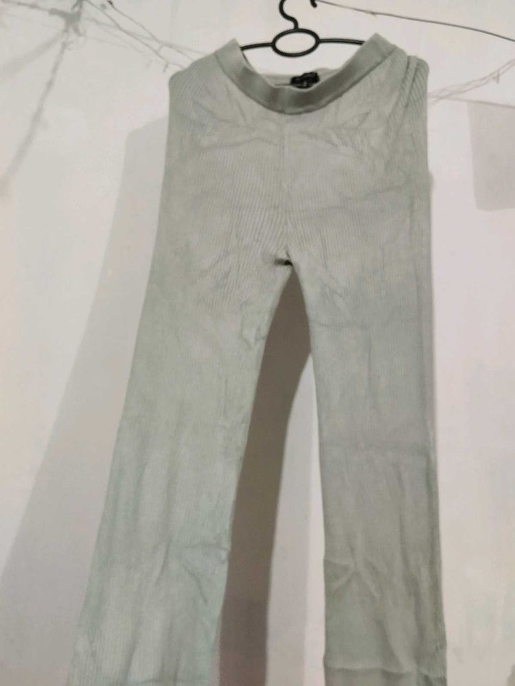 Women's Light Grey Ribbed Knit Flared Pants
