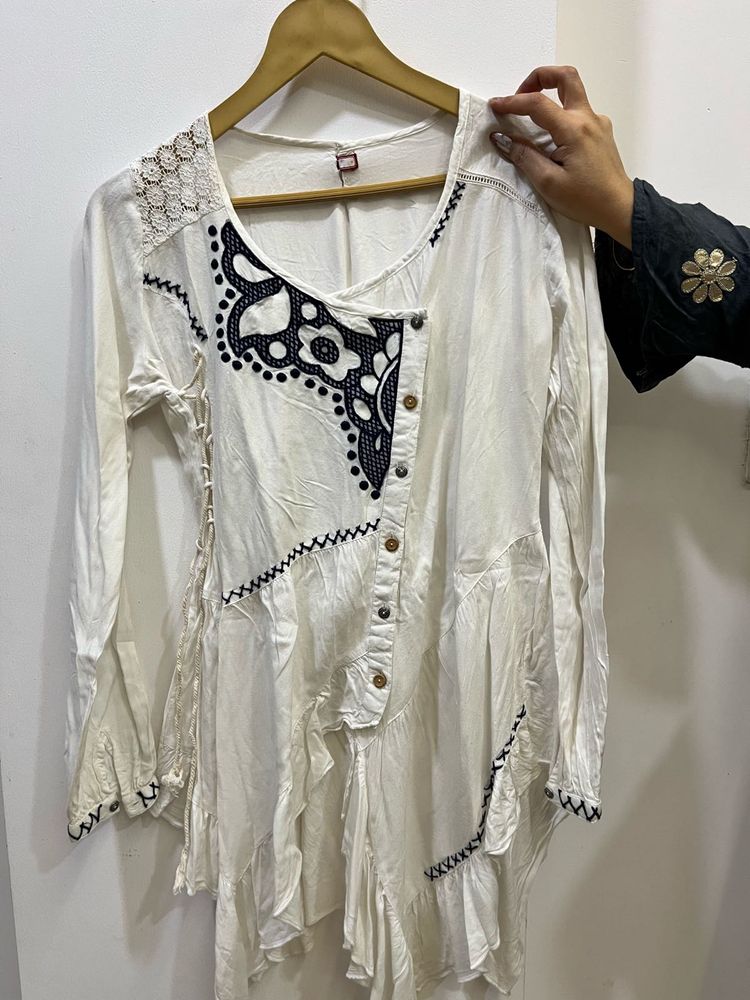 Boho Chic White Kurta with Black Embroidery