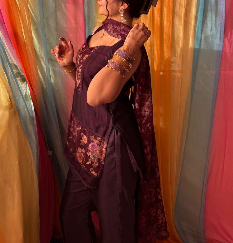 stitched purple floral kurta and bell bottom set