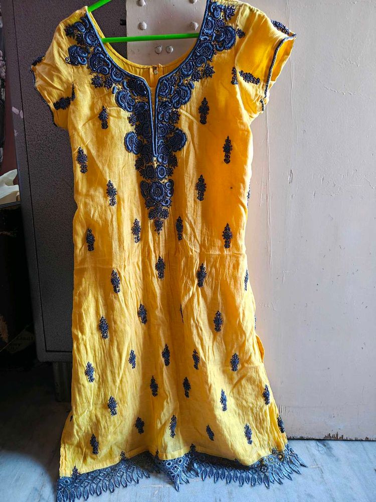 Yellow Kurta with Dark Blue beads Embroidery