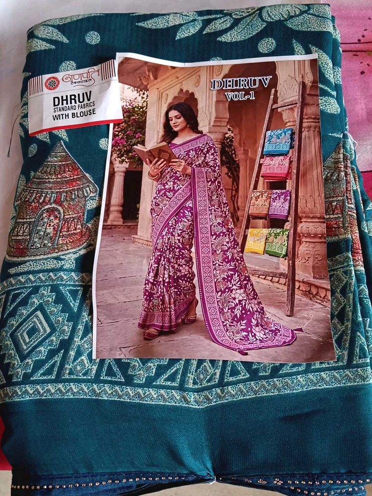Elegant Teal &amp; Purple Printed Saree with Blouse