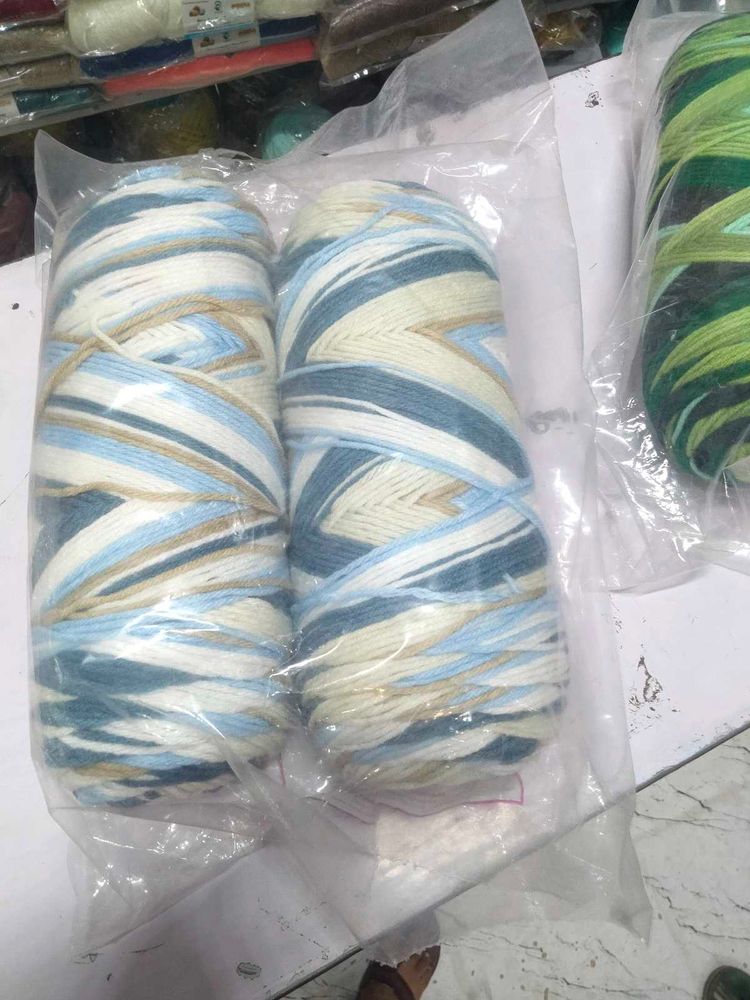 Two Skeins Yarn - Blue, White, Tan 500 gram