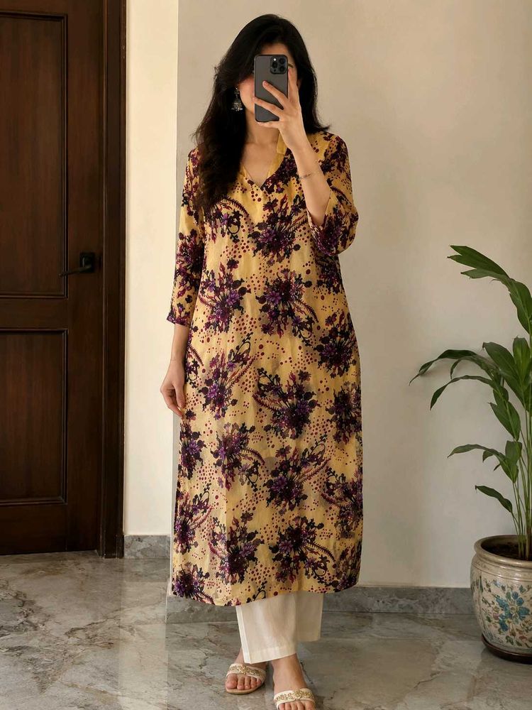 ✨ Elegant Floral Women's Kurti | Beige &amp; Purple