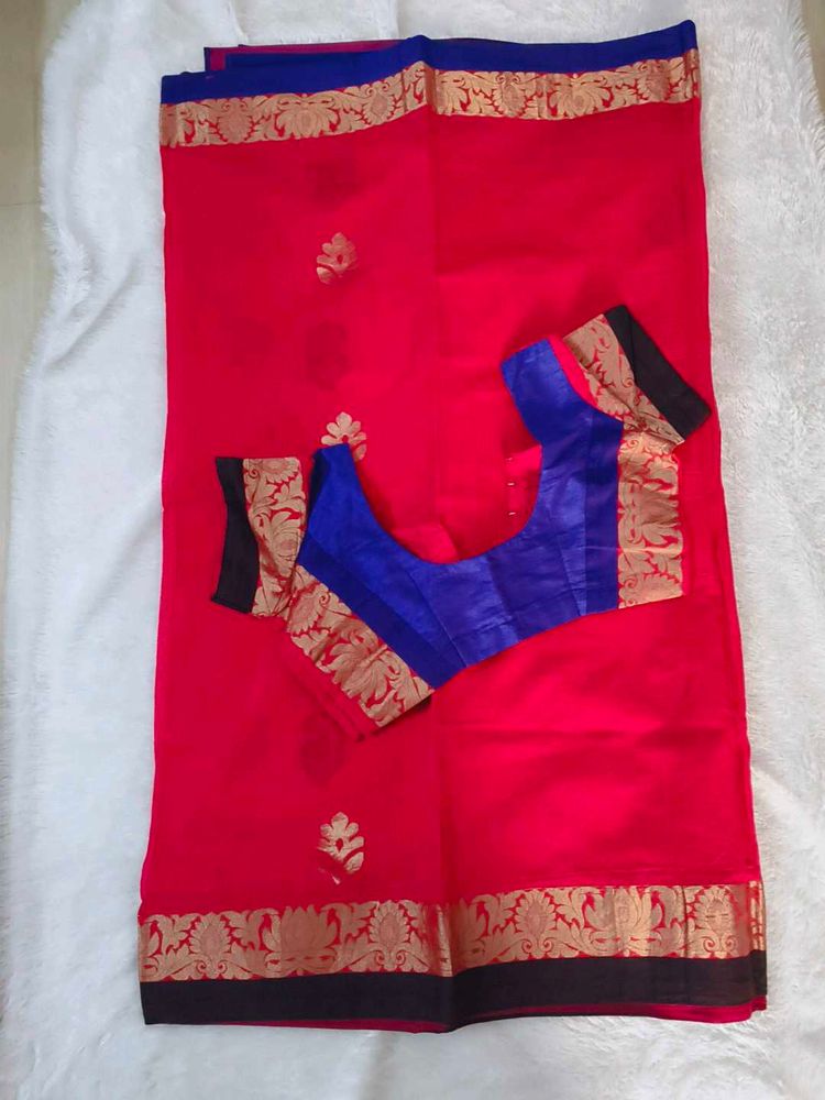 Beautiful Rani pink Saree with Blue Blouse