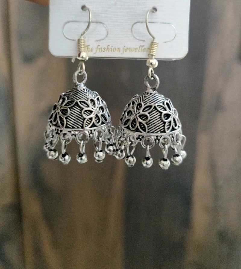 Oxidized Silver Jhumka Earrings