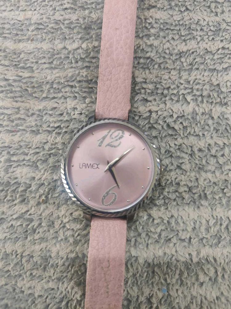 LAMEX Pink Leather Strap Watch