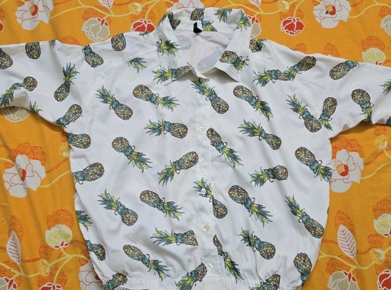 Retro Pineapple Print Button-Up Shirt
